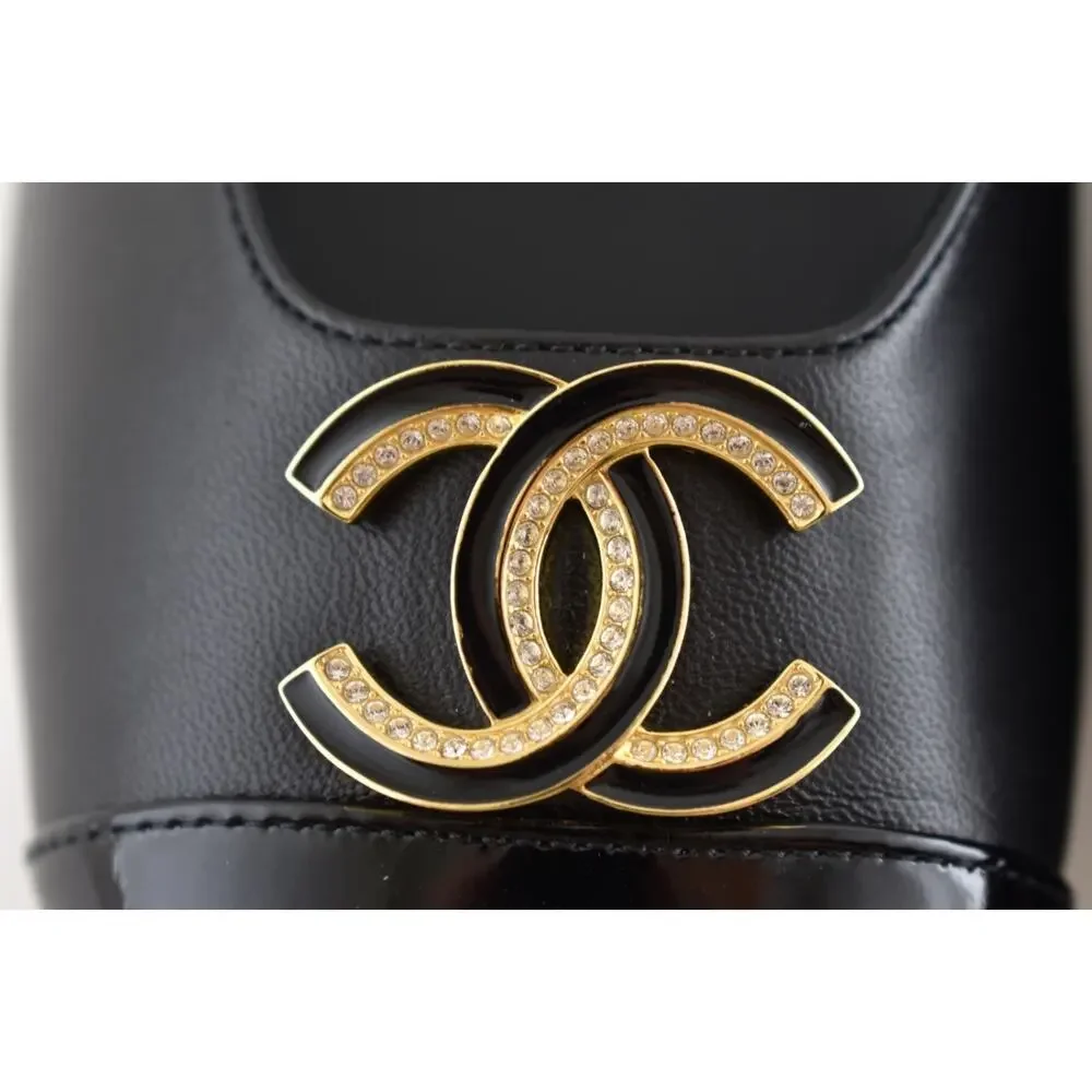Chanel 25P Black Patent Gold CC Slingback Ankle Strap Ballerina Ballet Flat 40.5